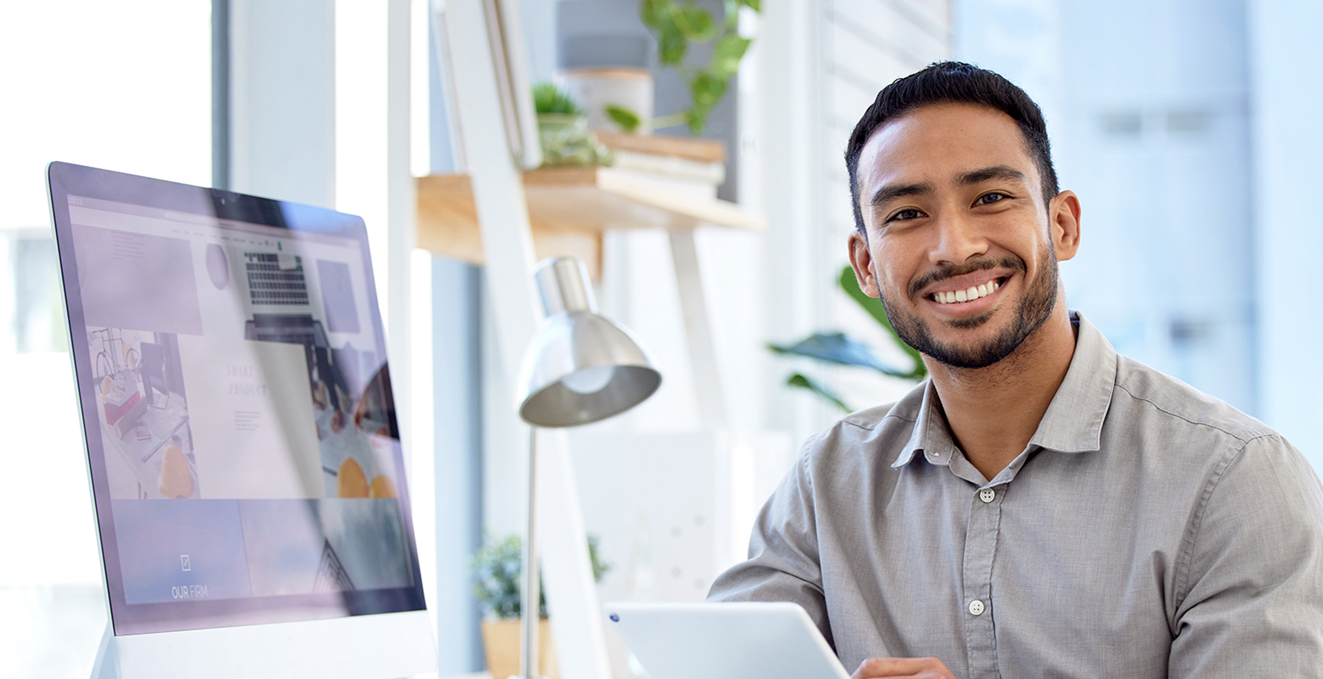 Businessman, tablet and research with portrait in the office for online work at a company. Professional male, planning and device in a workplace with leadership with ideas on the internet with smile.